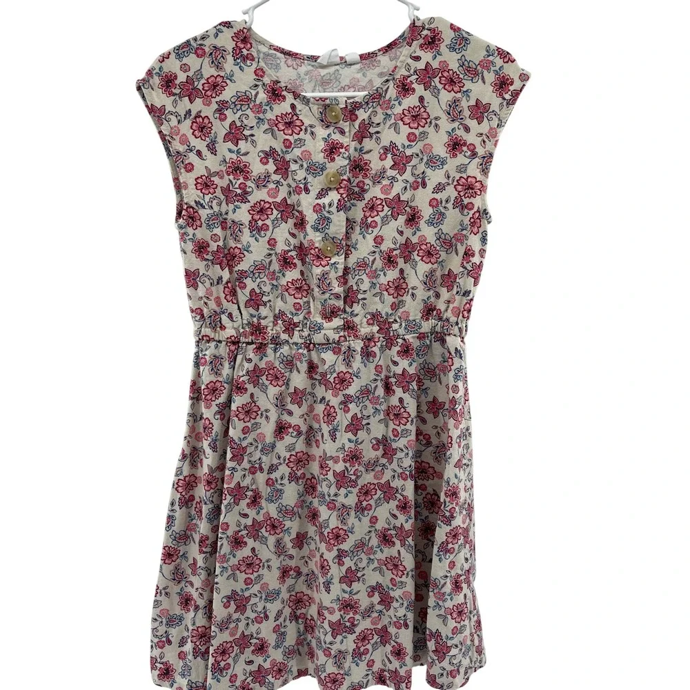 Gap Kids Girls Floral Button Front Elastic Waist Dress XL 12 Beige Pink‎ Blue